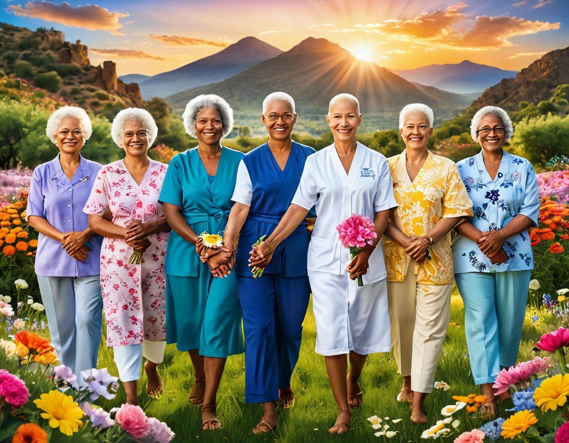 A montage of diverse cancer survivors holding hands, surrounded by a vibrant landscape filled with blooming flowers and uplifting symbols of hope. Each survivor represents different cultures and ages, showcasing resilience and unity. In the background, a radiant sun rises symbolizing new beginnings and empowerment. The overall feel should evoke warmth, inspiration, and support. super-realistic. vibrant colors. 3D.
