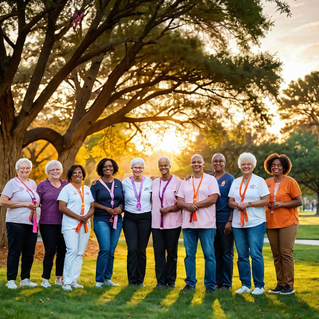 A diverse group of cancer survivors, each with unique stories, stands together in a serene park, sharing their experiences. Behind them, a vibrant sunset symbolizes hope and resilience, while trees adorned with colorful ribbons represent awareness. Add elements like supportive friends and families in the background, creating an atmosphere of community. super-realistic. warm colors. tranquil setting.