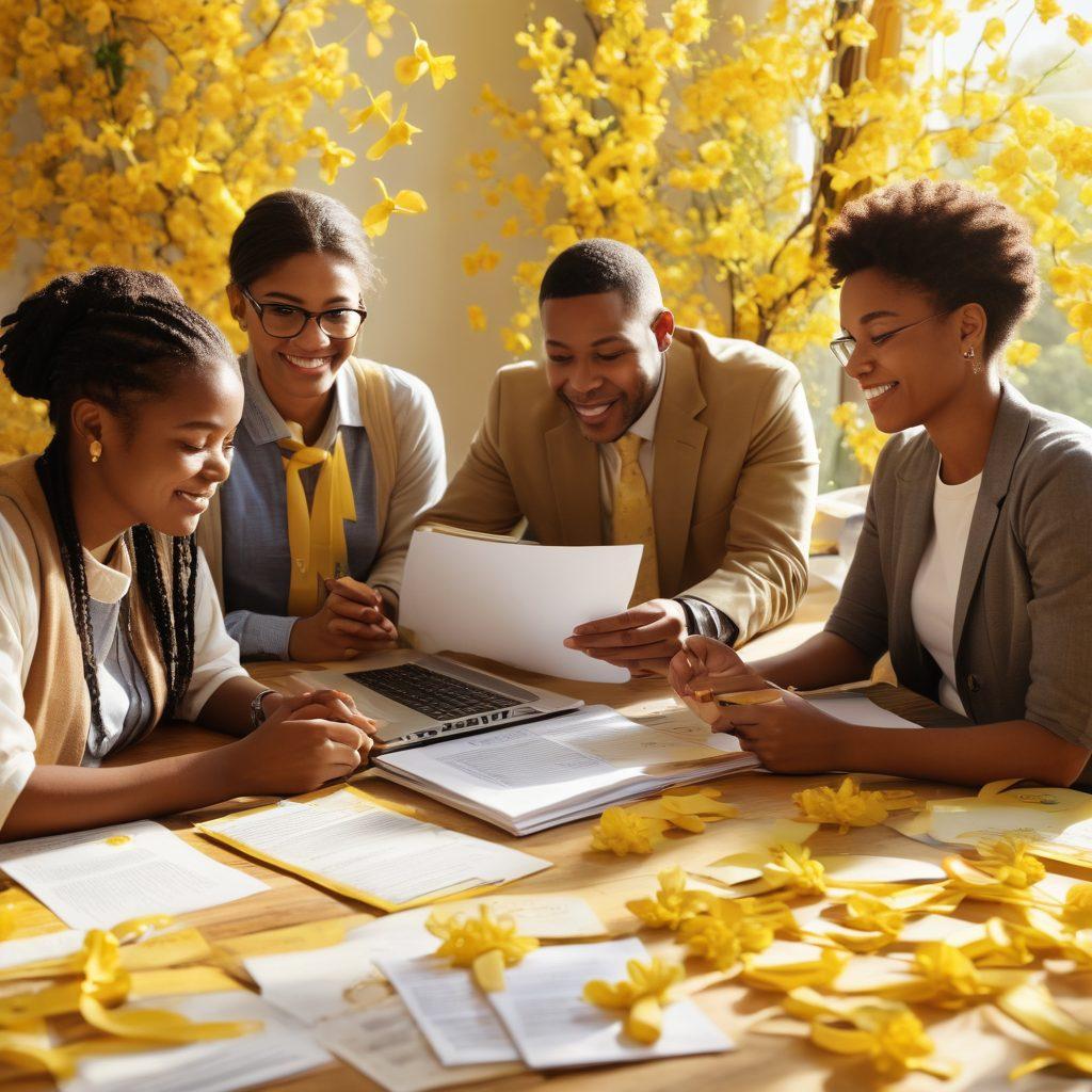 A warm, supportive gathering of diverse individuals sharing stories, surrounded by symbols of hope such as yellow ribbons and blooming flowers. In the background, resource materials like brochures and laptops are visible, emphasizing knowledge and support. Bright sunlight spills in, filling the scene with positivity and connection. super-realistic. vibrant colors. warm tones.